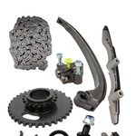 various mechanical components included in timing chain kit with a white background