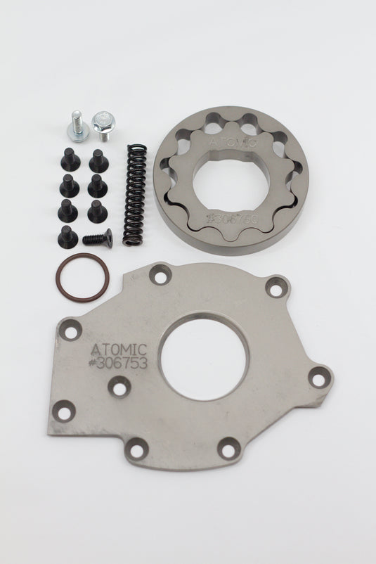 Mechanical parts including a gasket, screws, and springs on a white background