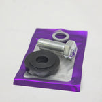silver bolt with block washer and nordlock washer on purple packaging with white background