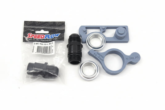 speedflow packaging of black weld on bungs with aluminium extension fittings and 3d printed fitting jigs with white background