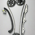 Automotive timing chain set with gears and sprockets on a white background