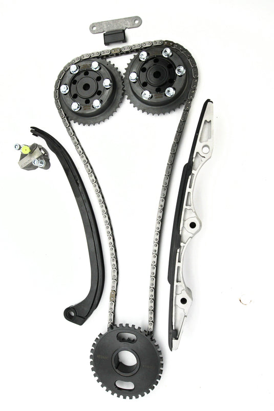 Automotive timing chain set with gears and sprockets on a white background