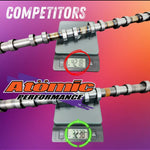 comparison of weight in kilograms between atomic camshafts and competitors camshafts on a purple and orange gradient background